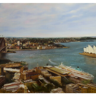 A painting of Sydney Harbour featuring the Opera House, Harbour Bridge, and a bustling waterfront with boats. By Lesley Anne Derks